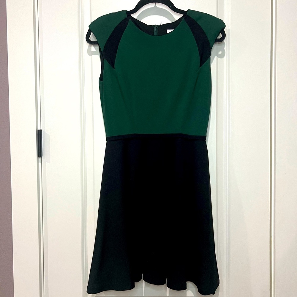 BADGLEY MISCHKA GREEN & BLACK FIT & FLARE SLEEVELESS DRESS